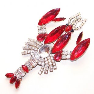 Lobster Brooch ~ Red and Clear Crystal