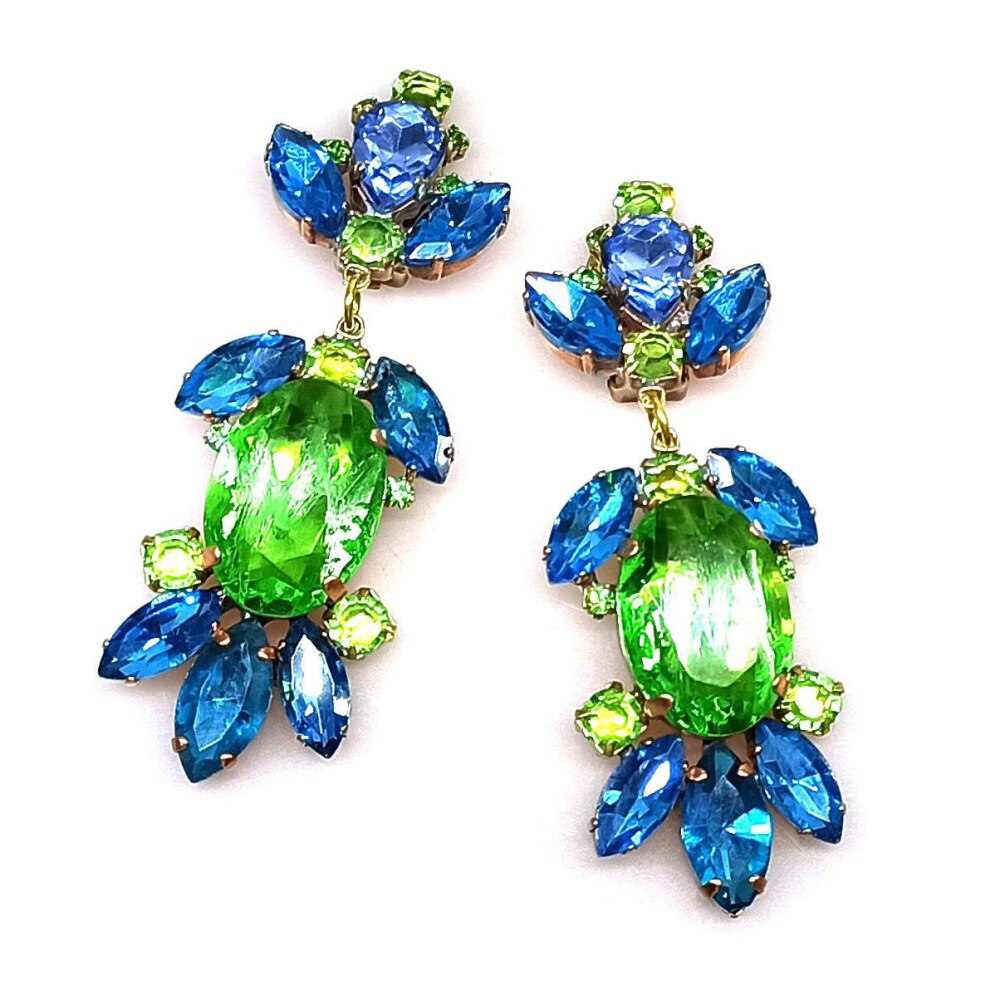 Iris Grande Clips Earrings ~ Extra Green With Aqua Lilien Czech